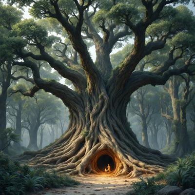 The primary subject of the image is a large tree with a hollowed-out center, surrounded by a forest. The setting is a forest with trees and a path leading to the hollowed-out tree. The visual style is a digital art or illustration, creating a surreal and magical atmosphere. The colors are predominantly earthy tones, such as browns, greens, and grays, which contribute to the natural and mystical mood of the scene.